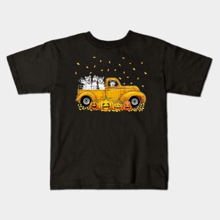 Yellow Car Truck French Huskies And Pumpkins Halloween Kids T-Shirt